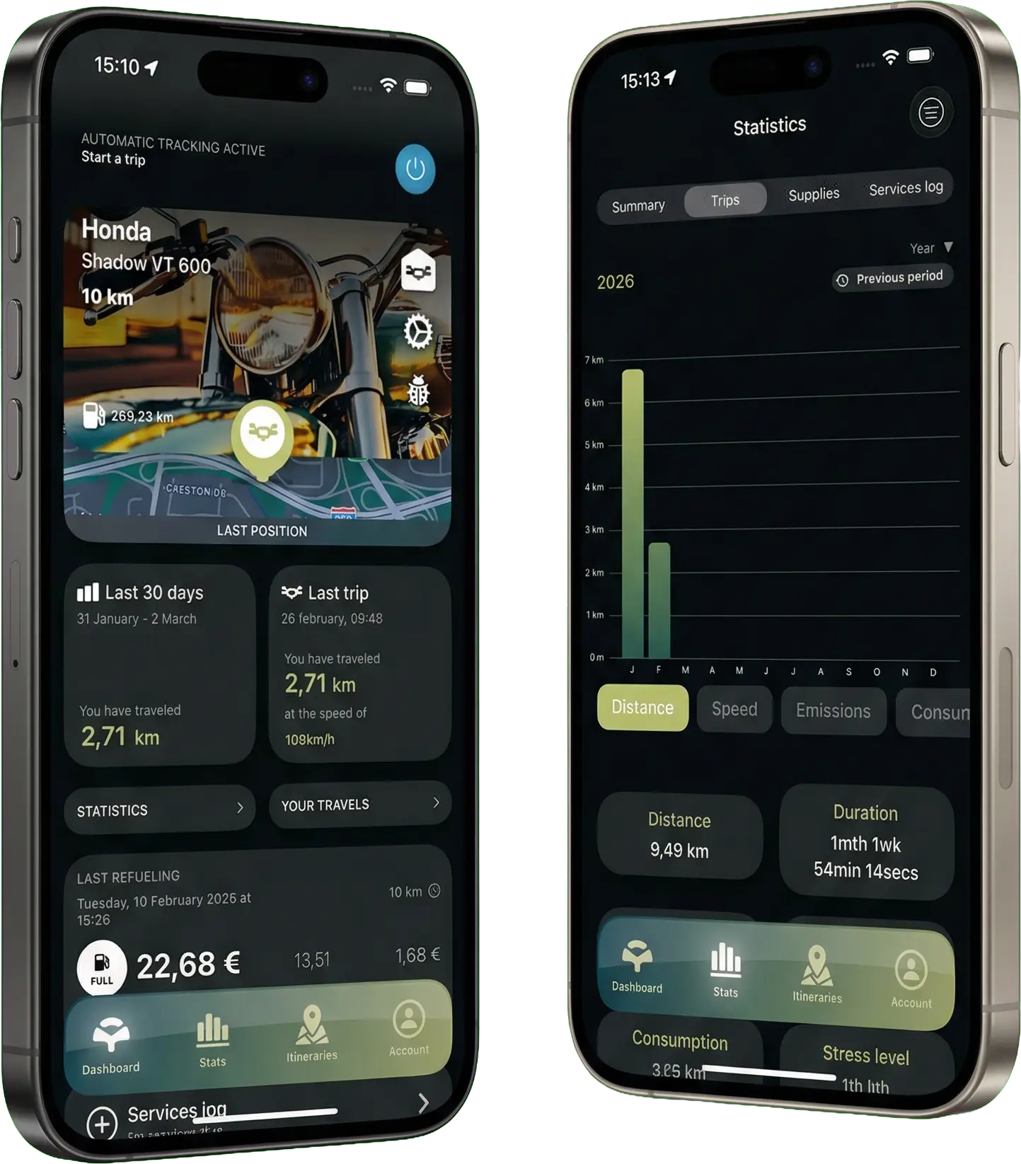 RideLog app on iPhone — motorcycle trip tracker