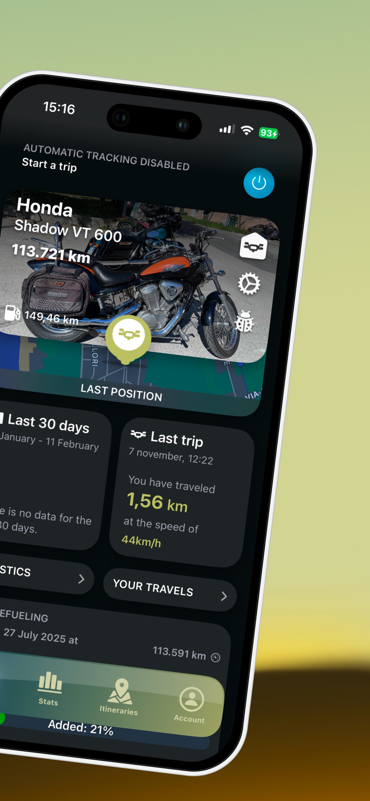 RideLog motorcycle dashboard Honda Shadow VT 600