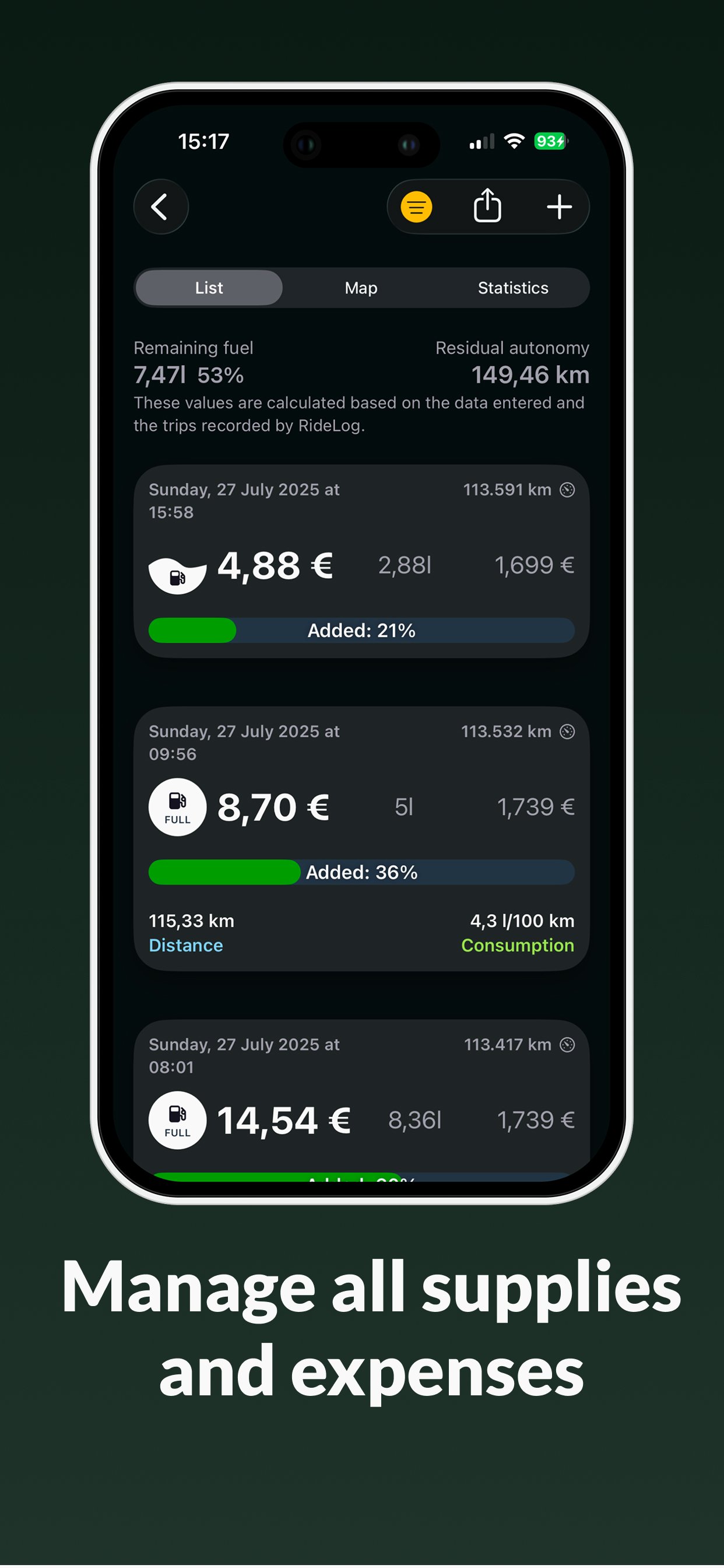 RideLog refuel tracking and fuel costs